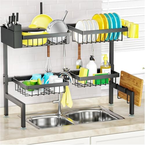 4 Baskets 2-Tier Over The Sink Dish Drying Rack, 26.57"-35"