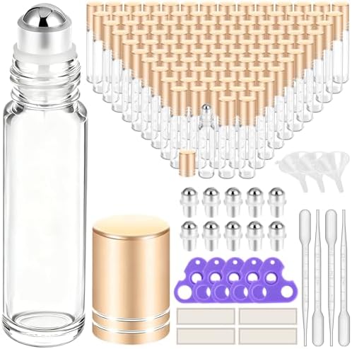 PrettyCare Set of 120, Bulk 10 ml Essential Oil Roller Bottles with Stainless Steel Roller Ball - Refillable Leak-proof Empty Thick Clear Glass Roll on Bottles with Golden Caps for Travel, Perfume by PrettyCare