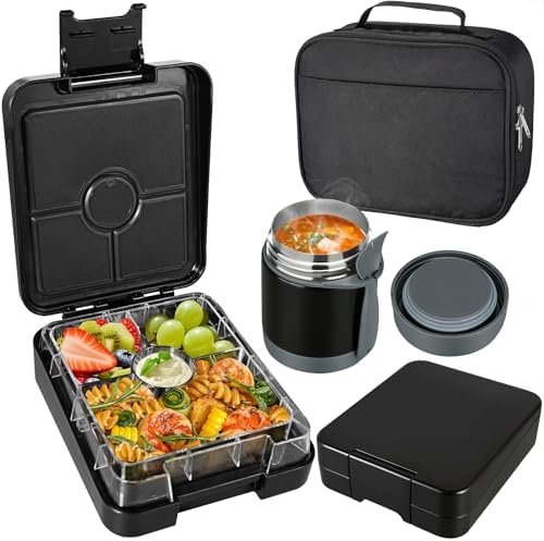 Bento Lunch Box Set With 10oz Soup Thermo, Leak-proof Lunch Containers with 4 Compartment, Kids Hot Thermo Food Jar/Insulation Lunch Bag, Food Containers for School (Black)