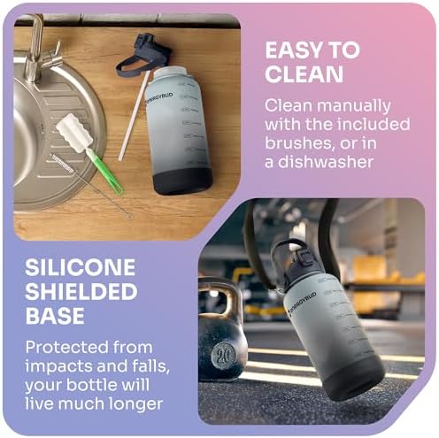 1 Gallon Water Bottle With Straw Dishwasher-Safe BPS & BPA Free, 2 Cleaning Brush Motivational 128oz Water Jug with Time Markers, Wide-Mouth Tritan, Gym & Exercise Equipment(Clear & Black)