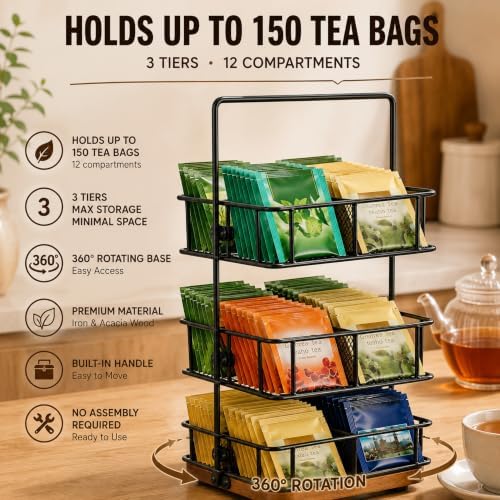 3 Tier Rotating Tea Bag Organizer Iron & Acacia Wood 360°Spinning Carousel