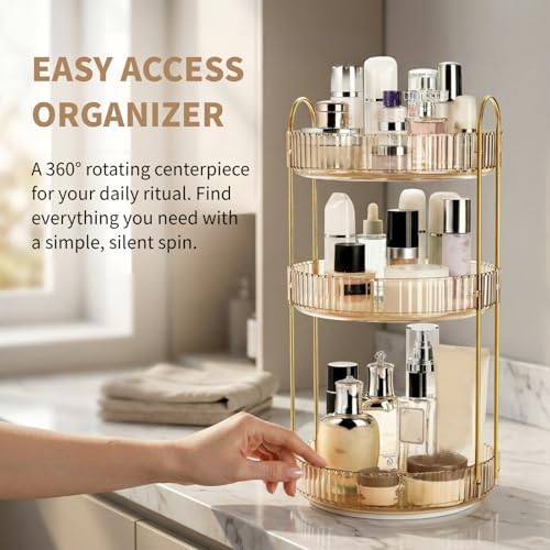 360 Rotating Makeup Organizer, 3 Tiers Plastic Bathroom Spinning Holder Rack, Round Lazy Susan Organizer, Large Capacity Countertop Shelf for Cosmetics, Perfume, Skincare, Spice, Toiletries