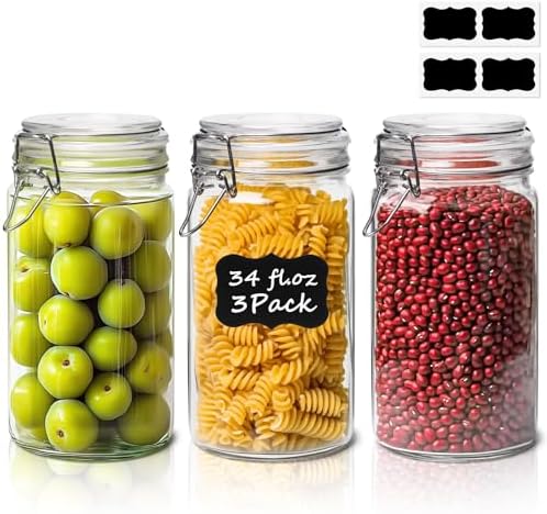 Glass Pantry Jars with Airtight Lids 34 oz 3 Pack Coffee Canisters