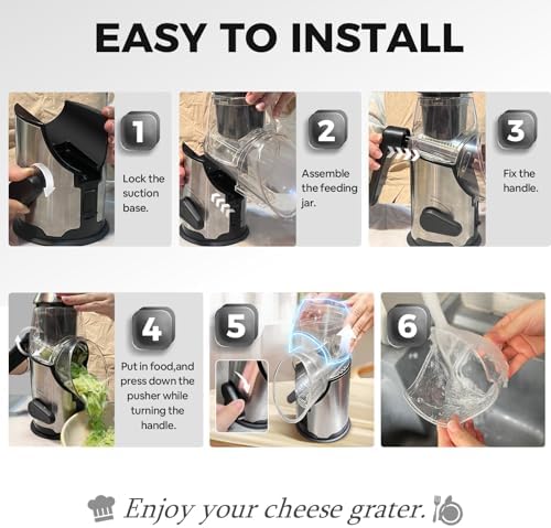 Rotary Cheese Grater with Handle - Vegetable Shredder with 3 Stainless Steel Blades & Strong Suction Base,Round Mandoline Slicer & Food Chopper for Kitchen