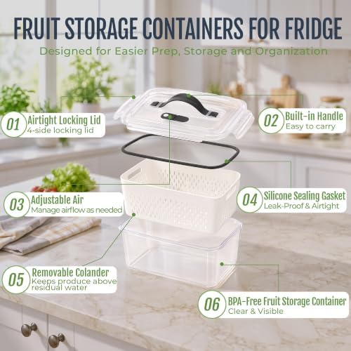 Fruit Storage Containers for Fridge: 3 PCS with Removable Colander, Handle
