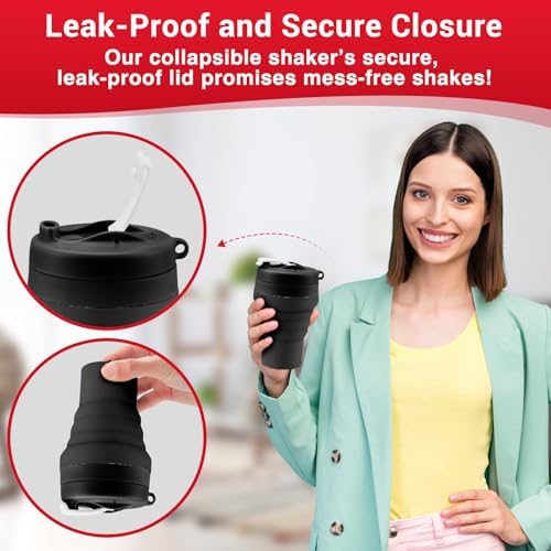Collapsible Protein Shaker Bottle: 20 Oz Travel-Friendly Shaker Cup, Black - Image 3