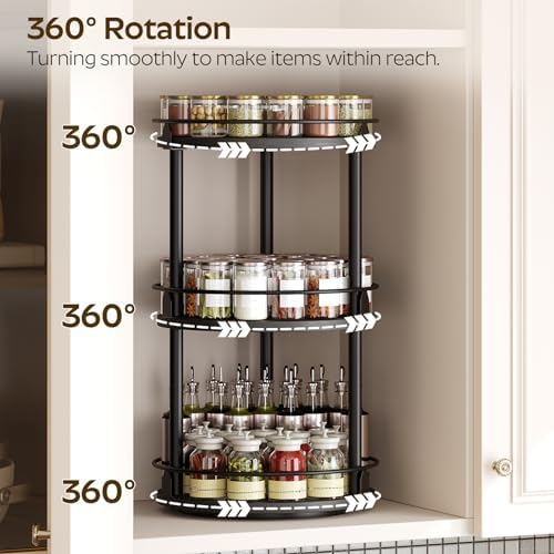 3-Tier Lazy Susan Organizer, Rotating Spice Rack, Spinning Organizer, Industrial Turntable Spice Rack Organizer for Cabinet, Kitchen Countertop, Pantry, Black SR23BK