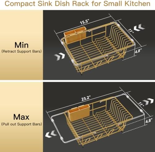 Gold Dish Drying Rack in Sink, Dish Drainer with Utensil Holder