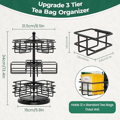 Tea Bag Holder Organizer for Counter, 3 Tier Metal Black