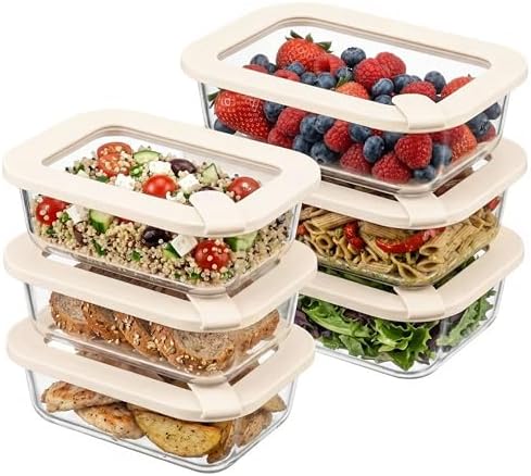 Glass Food Storage Containers with Glass Lids, Microwave Safe Food Container Set, Aitight Meal Prep Container Set, LeakProof, 100% Plastic Free, 6 Pack