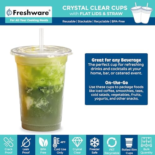 16 oz Clear Disposable Plastic Cups with Flat Lids and Straws, 100 Pack Clear Plastic Cups Tumblers, Heavy-duty Party Glasses, Disposable Cups for Thanksgiving, Halloween, Christmas Party