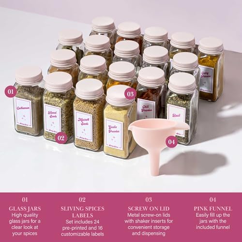 Glass Spice Jar Storage Set, 4-Ounce Empty Spice Jars with Labels, Shaker Caps and Metal Lids, Collapsible Funnel Included, 20-Piece, Pink