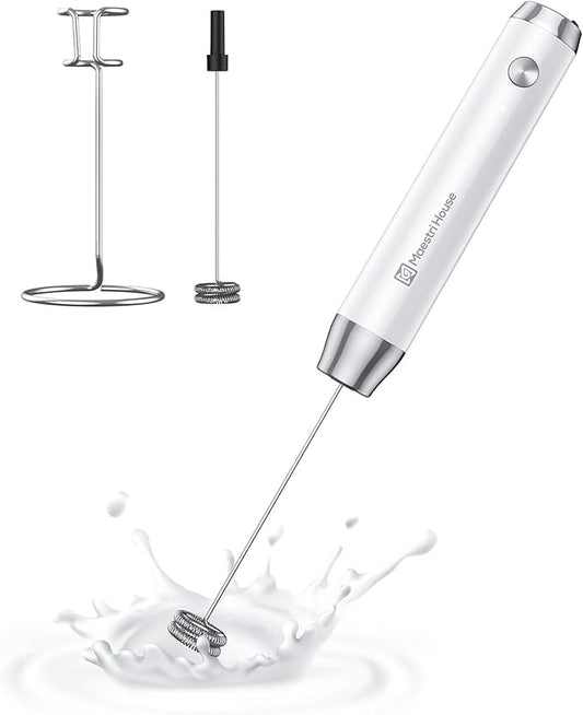 Maestri House Rechargeable Milk Frother with Stand, LunaFro Handheld Electric Foam Maker Waterproof Detachable Stainless Steel Whisk Drink Mixer Foamer for Lattes, Cappuccino
