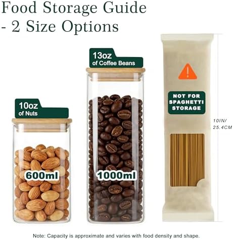 12-Pack Square Glass Storage Jars with Bamboo Lids (0.6Qt/1.06Qt) - Stackable Food Containers for Pantry Organization, Coffee, Flour, Snacks, Tea | Kitchen Canisters Set