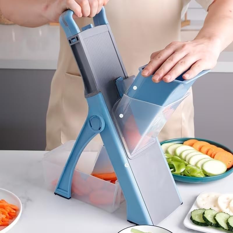 Mandoline Slicer Vegetable Cutter with Container - No Blade Change Needed, Adjustable 0.1-8mm Thickness, Stainless Steel, Hand Guard, Julienne Waffle Cuts for Meal Prep (Green) - Image 2