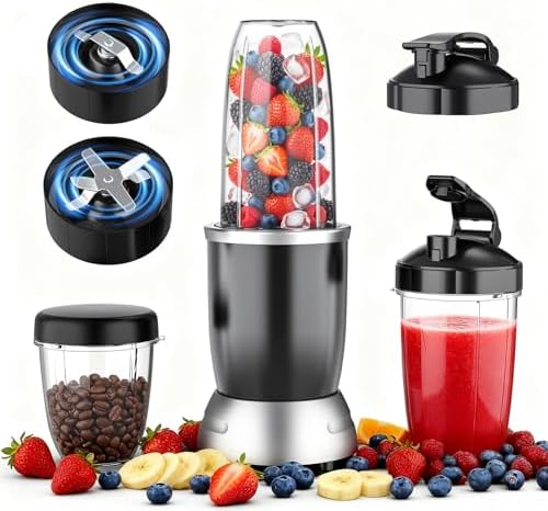 Smoothie Blender, 25000 RPM Portable Blender for Smoothies, Countertop Blenders for Kitchen with 37oz, 32oz, 23oz Personal Blenders Cups, 2 Spout Lids & 1 Resealable Lid for Crushing (Black-silver)