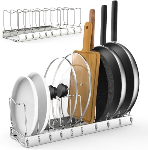 2 Pack 10-Tier Pan Organizer Adjustable Lid Organizer Kitchen Organizers and Pan Organizer and Storage Pot Heavy Duty Pot Lid Organizer for Kitchen Under Sink Storage Drawer