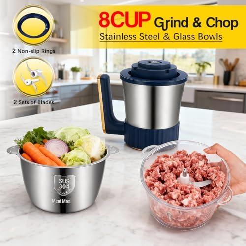 Small Food Processor, Electric Meat Grinder & Vegetable Chopper with 2 Bowls (8 Cup Stainless Steel + 8 Cup Glass) 5-Speed 400W Motor and 2 Sets Blades, Food Chopper for Kitchen Appliances