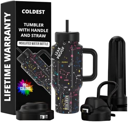 Coldest Tumbler with Handle & Coffee Lid - 100% Spill Proof Tumbler (3 Lids) - Stainless Steel Insulated Leakproof Tumblers for Women & Men - Cup Holder Friendly - 24 oz (Written in the Stars) by Coldest