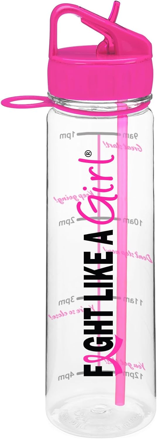 Hybrid SlimKim 30 oz Motivational Water Bottle with Time Marker & Straw for Breast Cancer Awareness - Reusable Clear Water Bottle for Workout, Gym, Travel - Hot Pink