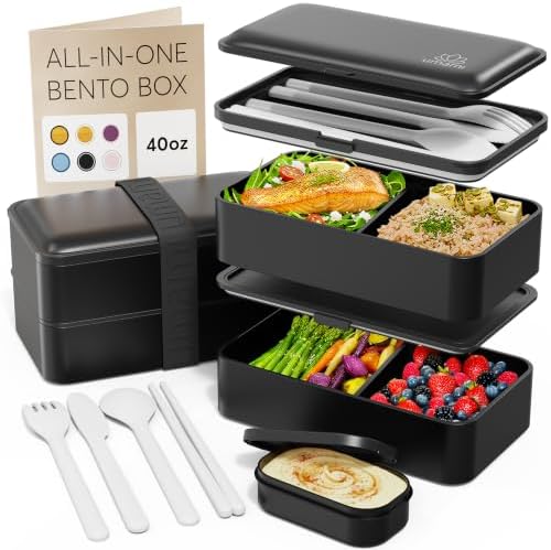 Bento Box Adult All-In-1 w/4 Utensils, Big Sauce Jar, 2 Dividers, 100% Leakproof, Microwave & Dishwasher Safe, Stackable Bento Lunch Box Containers for Men/Women, Matte Black, 40 oz