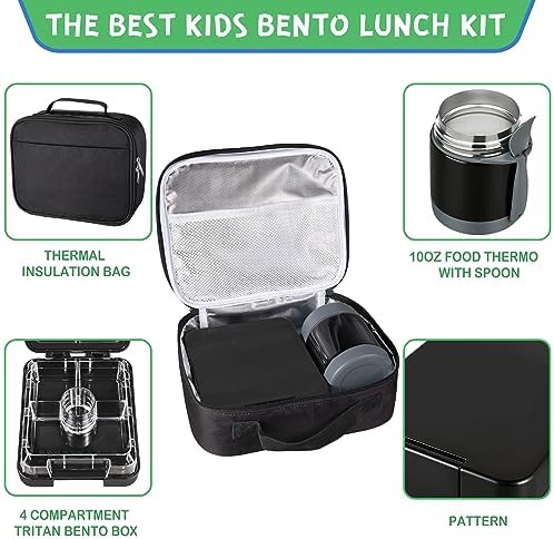 Bento Lunch Box Set With 10oz Soup Thermo, Leak-proof Lunch Containers with 4 Compartment, Kids Hot Thermo Food Jar/Insulation Lunch Bag, Food Containers for School (Black)