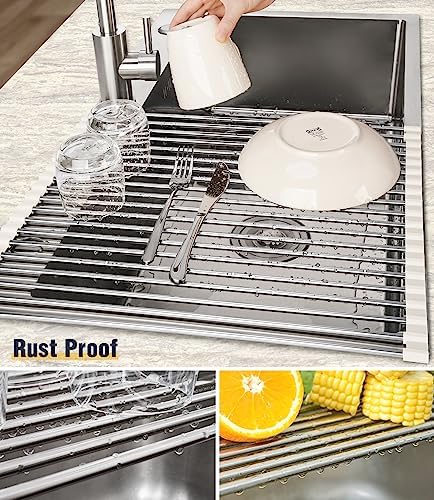 Roll Up Dish Drying Rack Over Sink, 304 Steel, 17.7x15.5, White