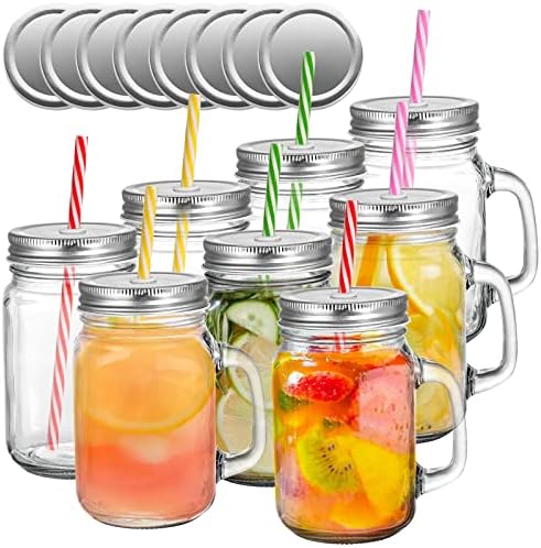 8 Pack 16 oz Glass Mason Jar Mugs with Handle, 16 Tin Lids and 8 Plastic Straws, Old Fashioned Mason Jar Drinking Glasses, Clear Glass Cups for Party and Daily Use