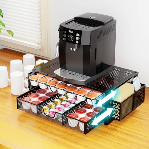 Coffee Pod Holder for K Cups, with 2 Tier Slidng Storage Drawer and Coffee Accessories Holder, 63 Large or 80 Small Capsule Organizer, Black