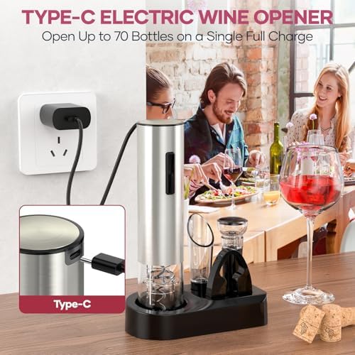 Electric Wine Opener,Rechargeable Automatic Wine Opener Corkscrew Opener Set With Wine Stopper, Foil Cutter, Wine Aerator,Storage Base & USB-C Cable Gifts for Wine Lovers