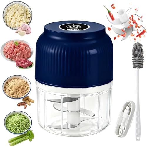 Electric Garlic Chopper, 320ML Mini Portable Veggie Chopper with 6 Sharp Blades, Rechargeable Electric Food Chopper Tool, Wireless Veggie Grinder, for Onions Ginger Chili Nuts Meat (Blue*1) by DDRIC
