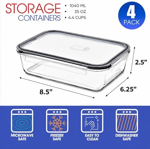 Glass Meal Prep Containers, Airtight Lids (4 Rectangular Vented Lid)