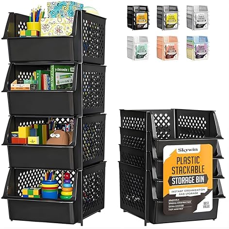 Stackable Storage Bins Open Front for Pantry Storage, 4 Pack - Black