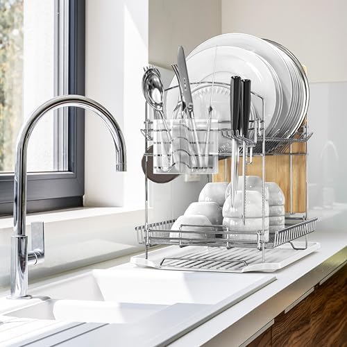 2-Tier Stainless Steel Dish Rack with Drainboard, Chrome