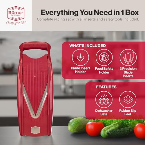 Swissmar VPower V-Slicer Mandoline – Professional Kitchen Tool with Adjustable Thickness – Precision Food Slicer for Vegetables, Julienne & Shredding – Includes Safety Holder & Inserts - Red