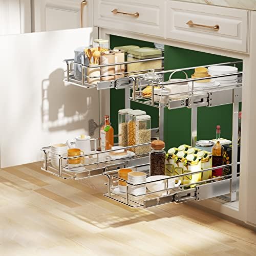 2 Tier Individual Pull Out Cabinet Organizer 9" W x 21½" D, Slide Out Kitchen Cabinet Storage Sliding Shelves