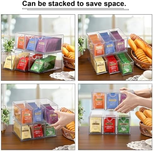 6 Drawers Tea Bag Organizer Box, Acrylic Stackable Tea Bag Storage Holder for Kitchen Pantry, Clear Coffee Pod Snack Storage Box for Countertop Cabinet