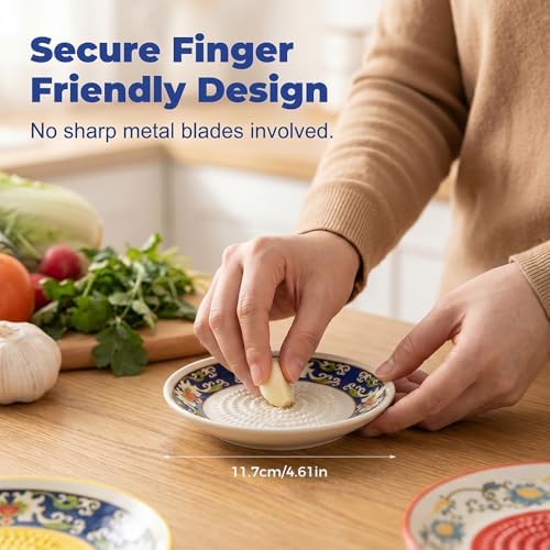 Grater Plate Bowl, 4PCS Ceramic Grater Set, Handmade Pottery Grinding Bowl with 4.6" Plate, Peeler, Brush & Stand, for Garlic Ginger Cheese Tomato, Home Kitchen Gift (#I)