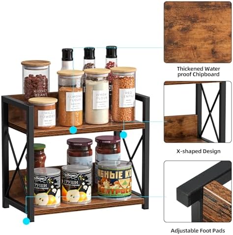 Countertop Shelf Organizer, 2 Tier Kitchen Spice Rack for Countertop, Wood Coffee Counter Shelf Organizer for Home (Brown, S)