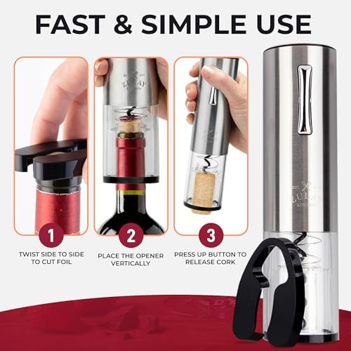 Electric Wine Opener with Charging Base - Electric Wine Bottle Opener, Stainless Steel Wine Opener - Aerator Pourer, Foil Cutter & 2 Vacuum Stoppers - Silver
