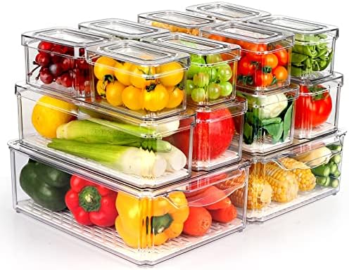 14 Pack Fridge Organizer Bins with Lids, Stackable Clear Storage