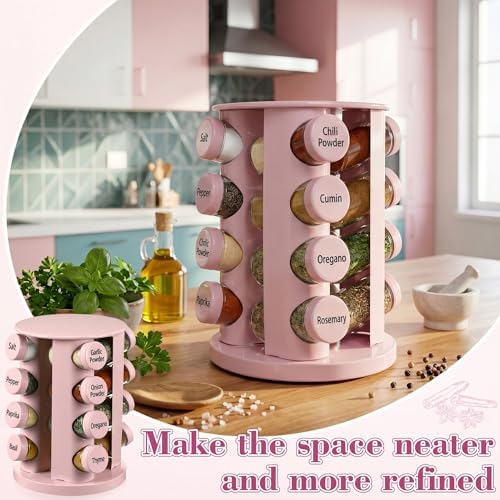 Pink Rotating Spice Rack with 16 Empty Jars and Labels
