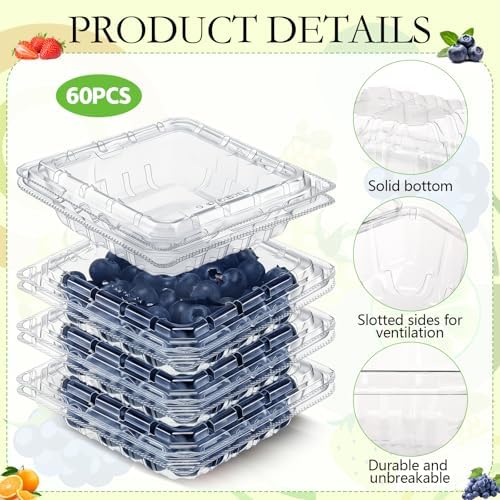 60 Pcs Plastic Berry Basket with Clamshell Lids