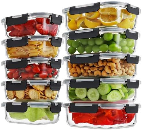 10-Pack Glass Meal Prep Containers, 36 oz/14 oz, Locking Lid Set