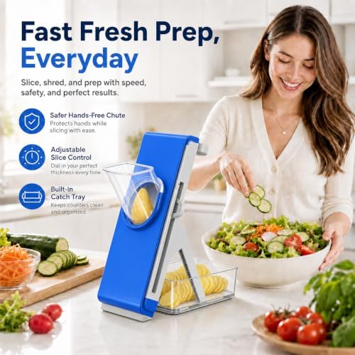 Safe Mandoline Slicer for Kitchen, Vegetable Slicer with Container, French Fry Cutter, All in 1 Julienne Slicer for Potato, Thickness Adjustable, Detachable Blade (Dark blue) - Image 2