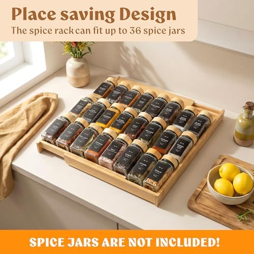 Bamboo Spice Drawer Organizer, Expandable 4 Tier Spice Rack