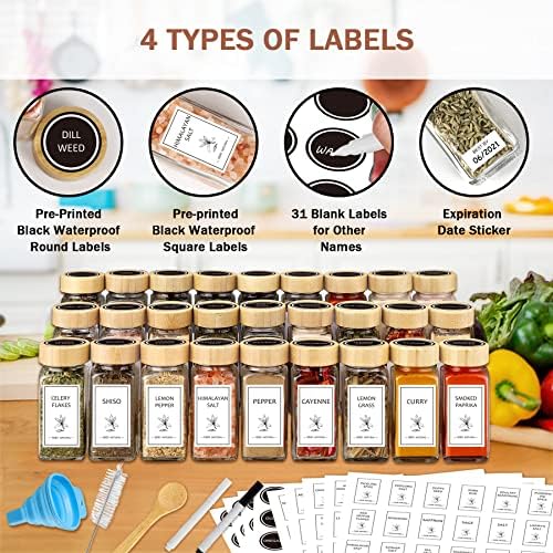 Spice Jars with Labels 36 Pcs 4 oz Glass Bamboo Lids Shaker Set