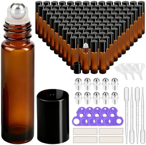 PrettyCare Set of 120, Bulk 10 ml Essential Oil Roller Bottles with Stainless Steel Roller Ball - Refillable Leak-proof Empty Thick Amber Glass Roll on Bottles with Black Caps for Travel, Perfume by PrettyCare