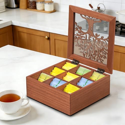 Wood Tea Box Organizer,Tea Organizer and Storage with Tree Pattern