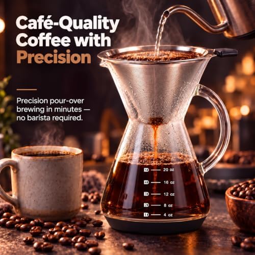 Pour Over Coffee Maker - Glass Dripper with Steel Filter 20 Oz